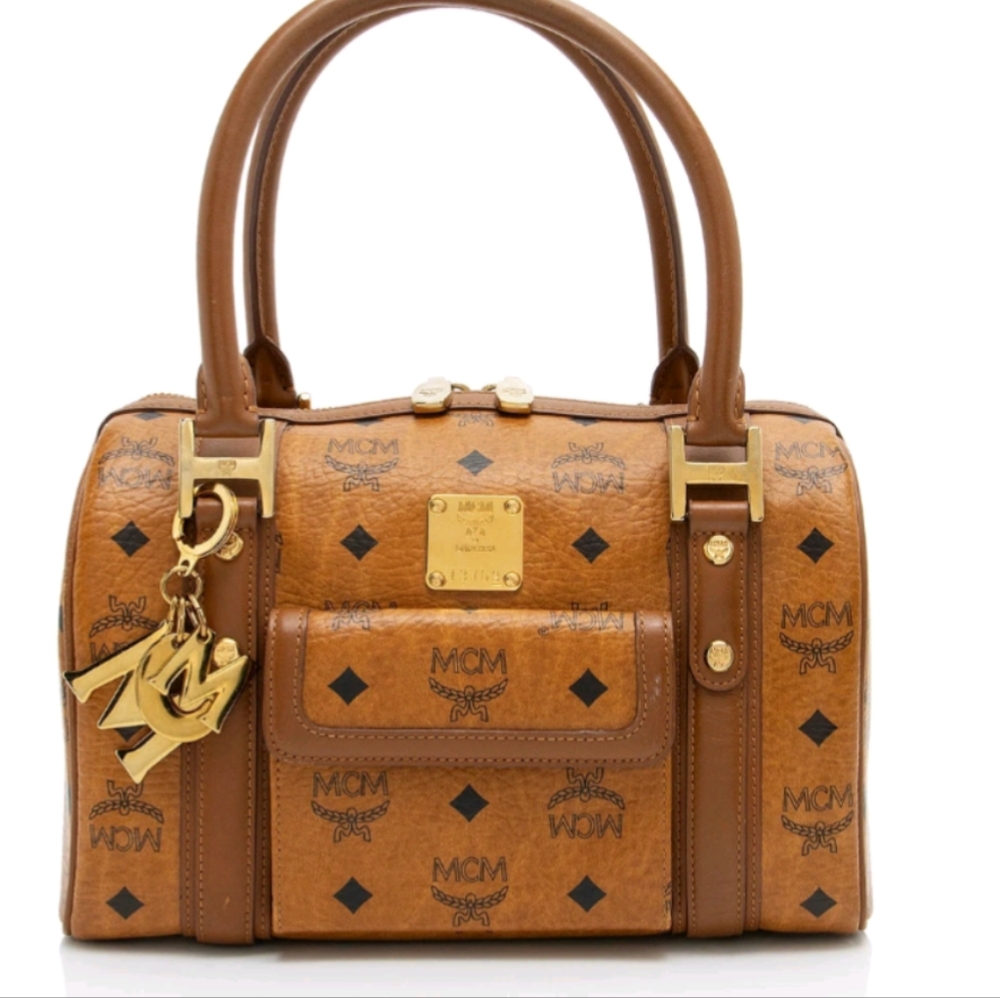 AUTHENTIC MCM Cognac Visetos Tote Bag Boston Bag